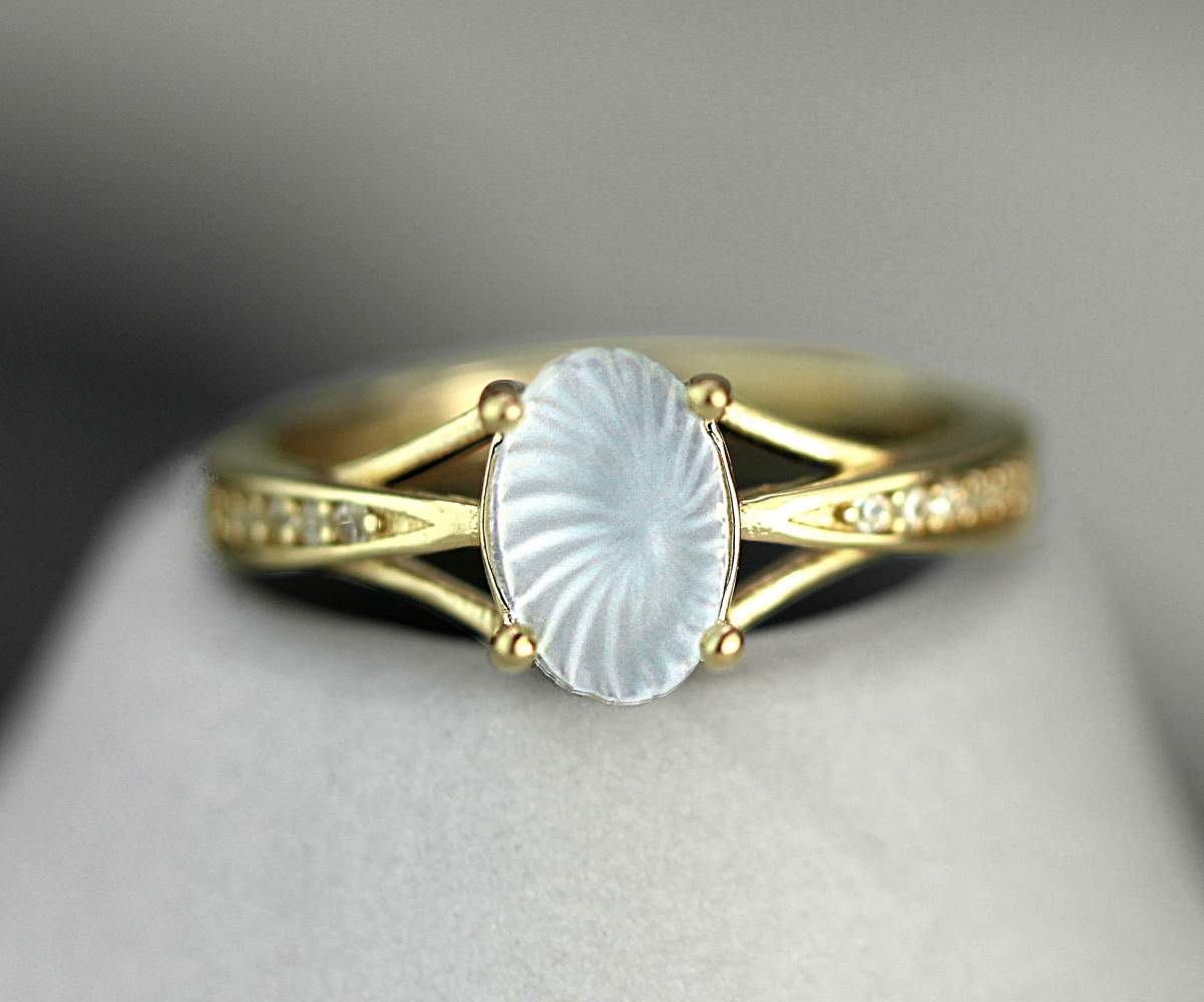 Ring with rare vintage glass moonstone. 18k vermeil gold and tiny crystals.